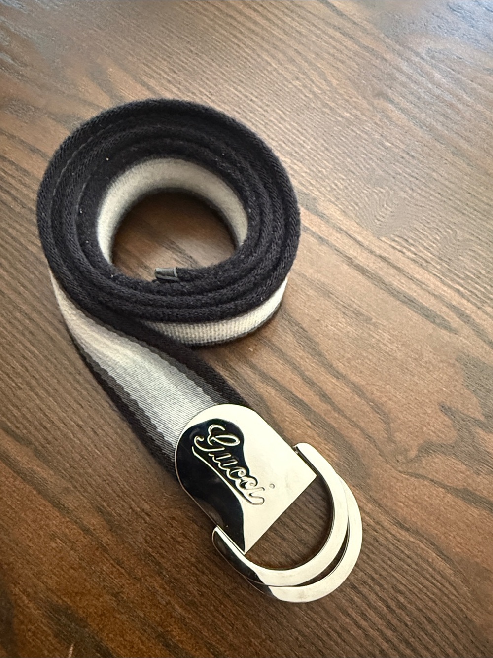 Gucci Black and White Stripe Men's Web Belt with Silver D-Ring Buckle